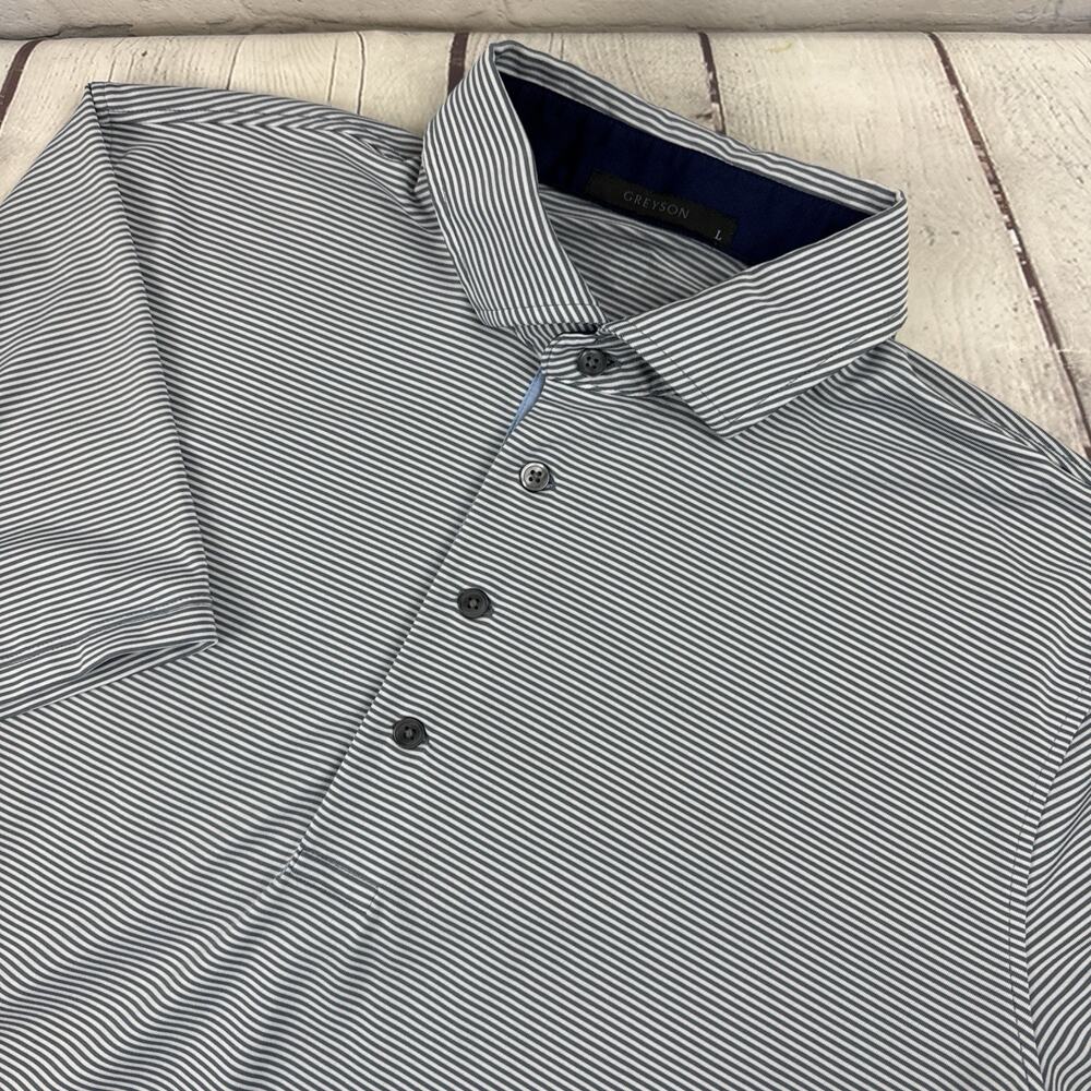Greyson Polo Shirt Mens Large Blue Stripe Golf Jersey Performance Stretch
